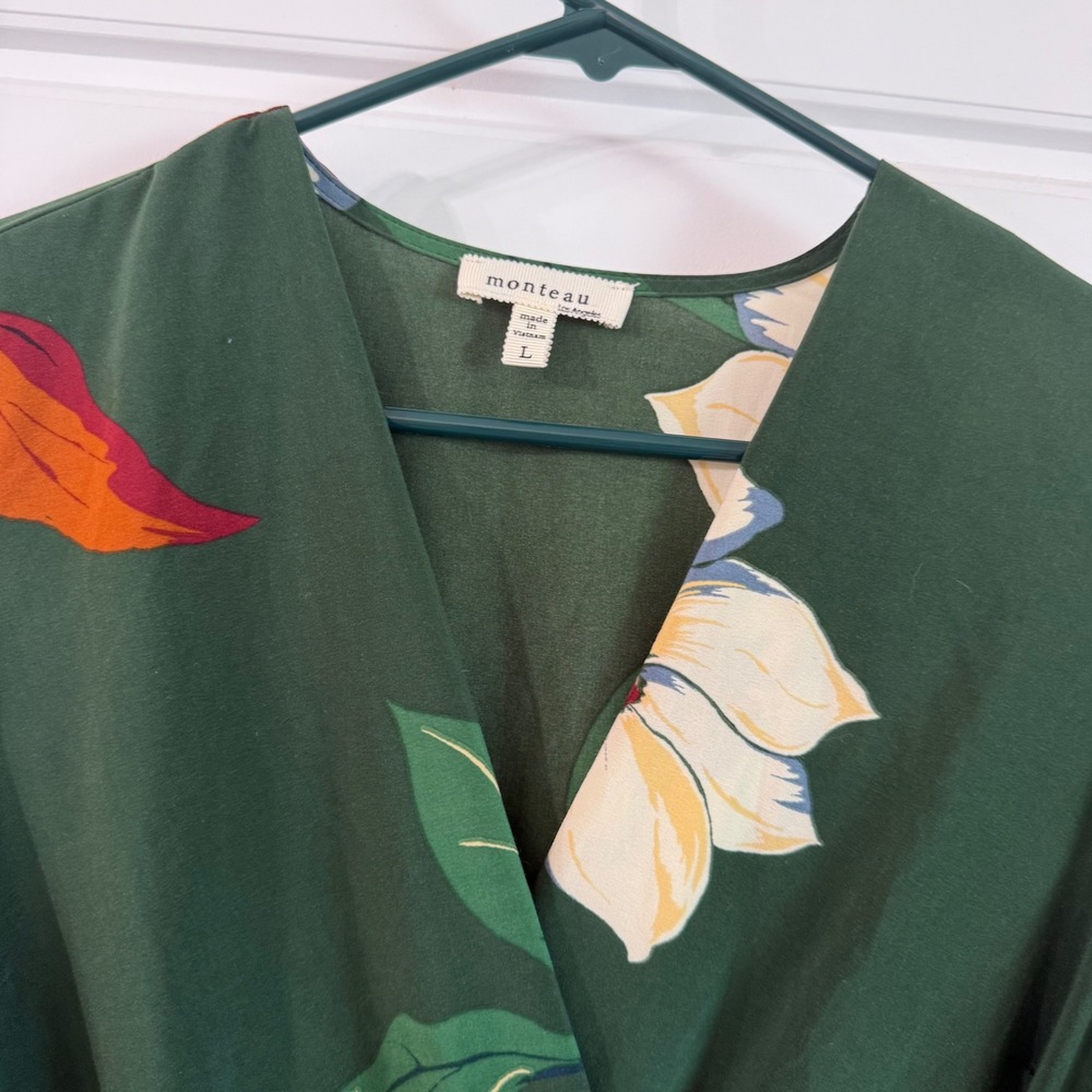 Monteau Forest green Floral Flowy v neck midi women's large dress tie back nwot - Picture 6 of 13